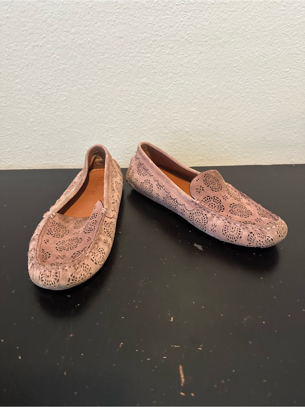 COACH Taupe Suede Leather Laser Cut Perforated Floral Driving Moccasins Loafers